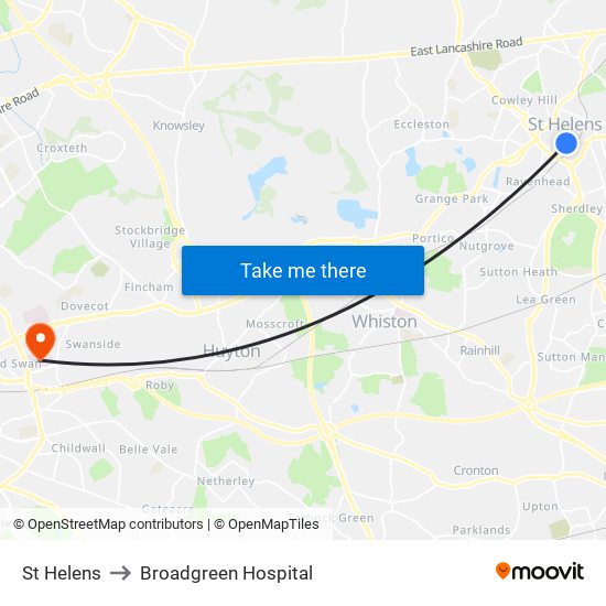 St Helens to Broadgreen Hospital map