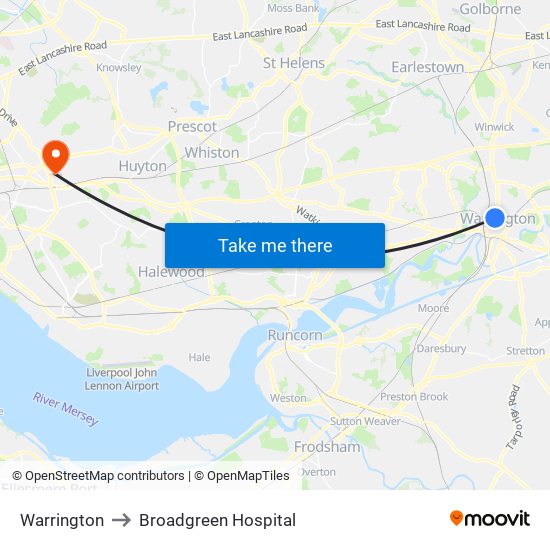 Warrington to Broadgreen Hospital map