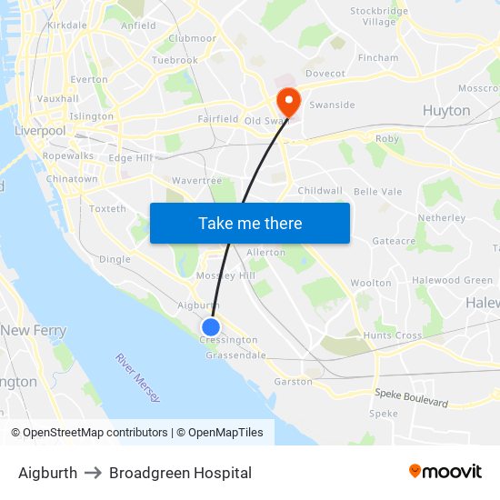 Aigburth to Broadgreen Hospital map