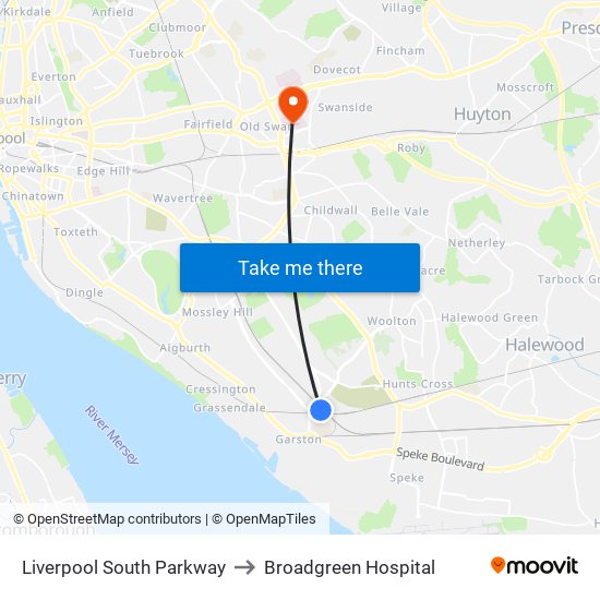 Liverpool South Parkway to Broadgreen Hospital map