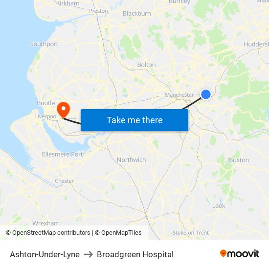 Ashton-Under-Lyne to Broadgreen Hospital map