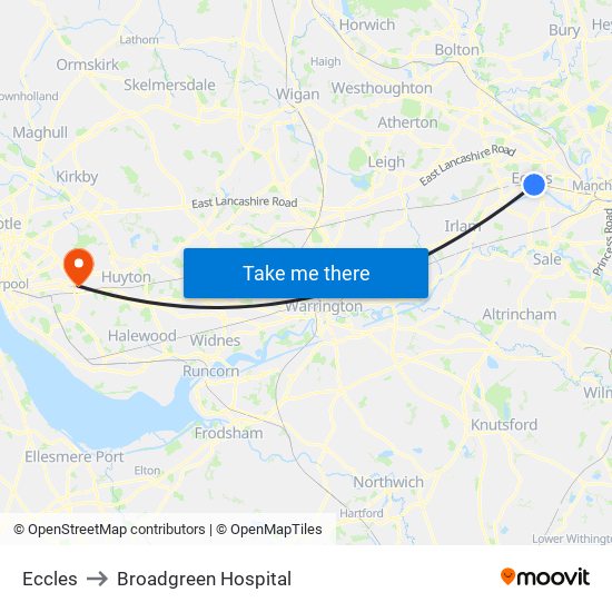 Eccles to Broadgreen Hospital map