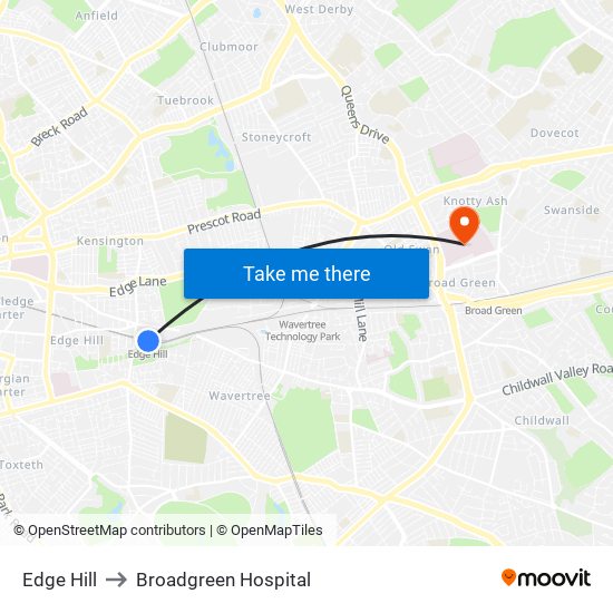 Edge Hill to Broadgreen Hospital map