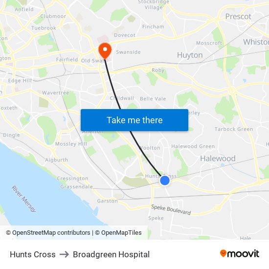Hunts Cross to Broadgreen Hospital map