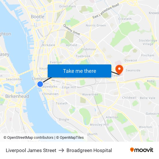 Liverpool James Street to Broadgreen Hospital map