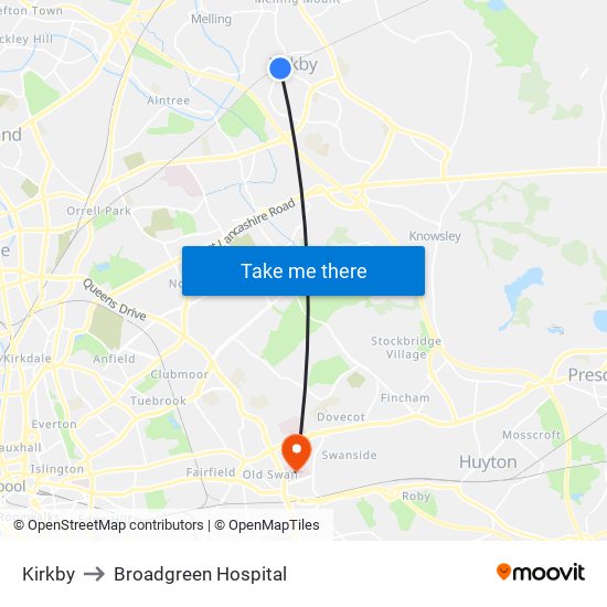 Kirkby to Broadgreen Hospital map