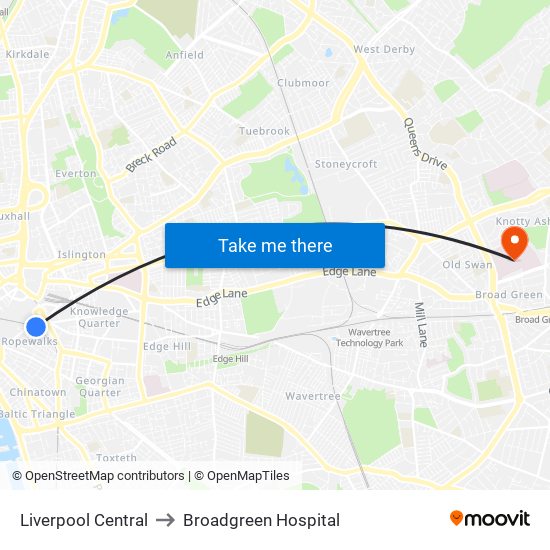 Liverpool Central to Broadgreen Hospital map