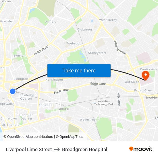 Liverpool Lime Street to Broadgreen Hospital map
