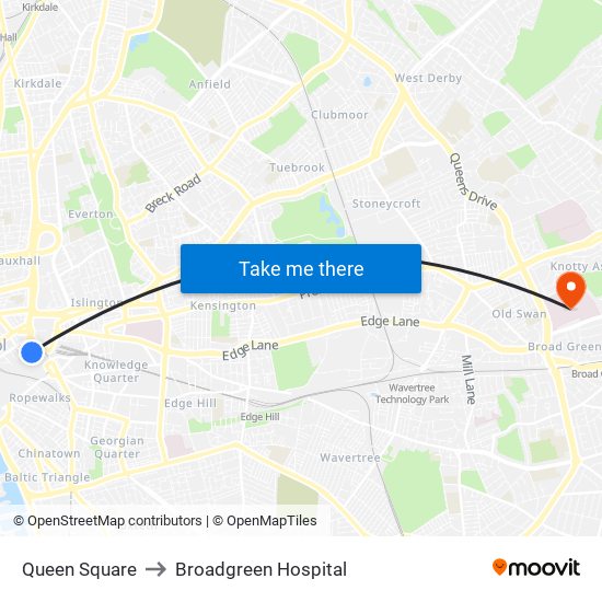 Queen Square to Broadgreen Hospital map