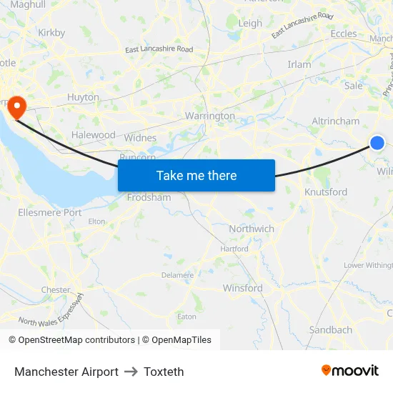 Manchester Airport to Toxteth map