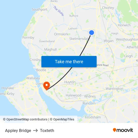 Appley Bridge to Toxteth map