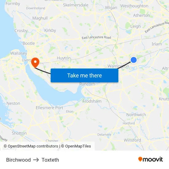 Birchwood to Toxteth map