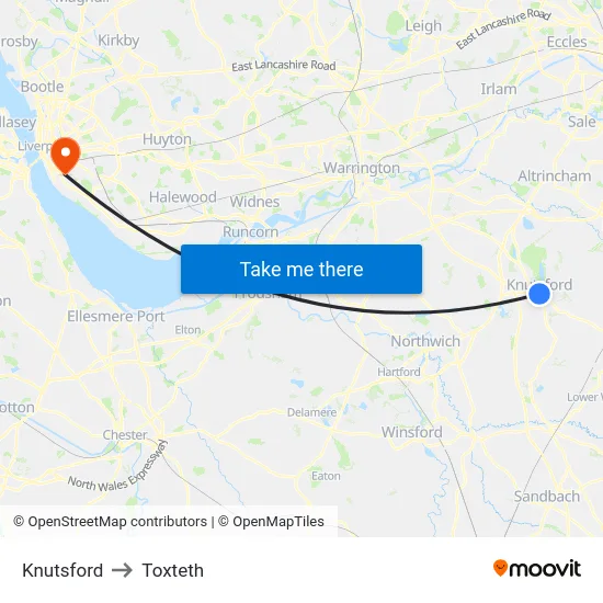 Knutsford to Toxteth map