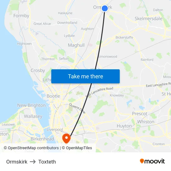 Ormskirk to Toxteth map