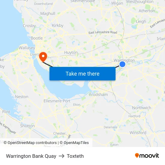 Warrington Bank Quay to Toxteth map