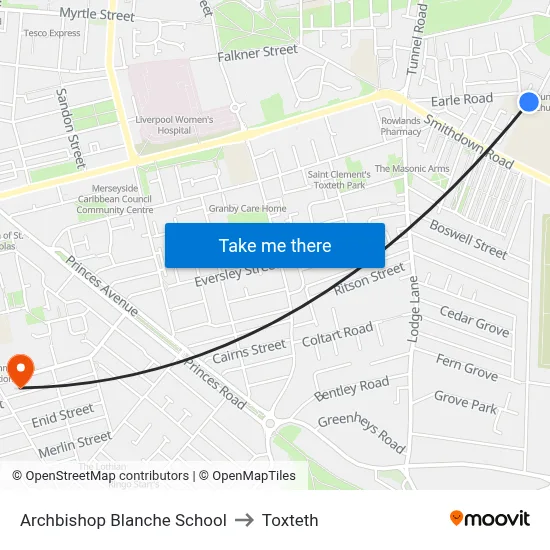 Archbishop Blanche School to Toxteth map