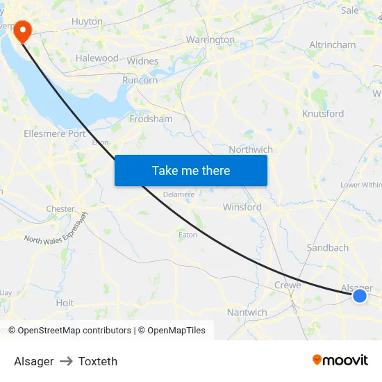 Alsager to Toxteth map