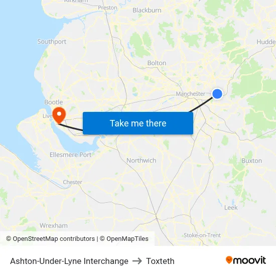 Ashton-Under-Lyne Interchange to Toxteth map