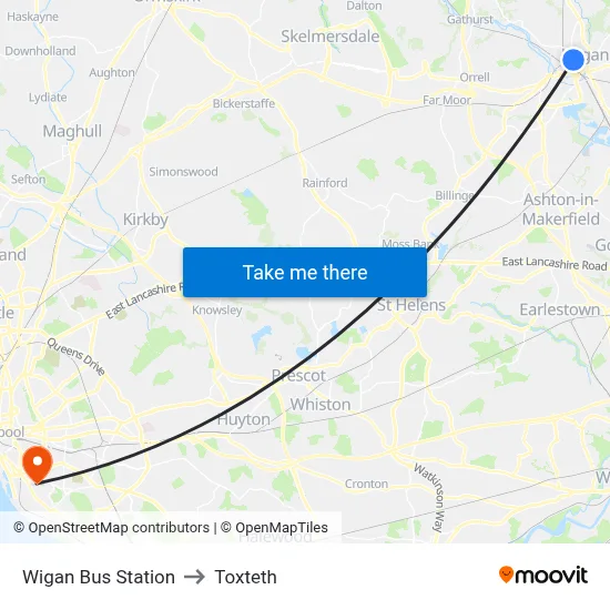 Wigan Bus Station to Toxteth map