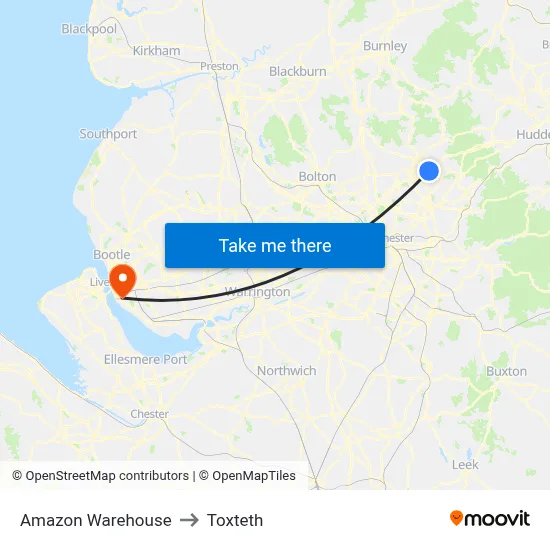 Amazon Warehouse to Toxteth map