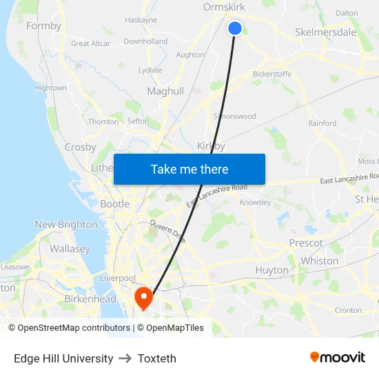 Edge Hill University to Toxteth map