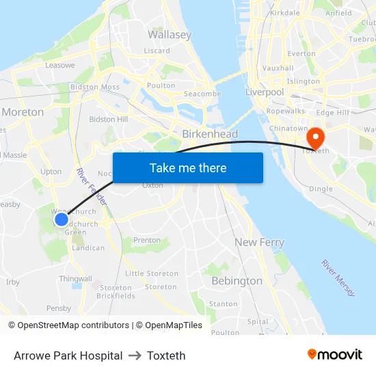 Arrowe Park Hospital to Toxteth map