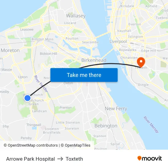 Arrowe Park Hospital to Toxteth map