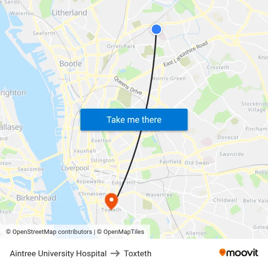 Aintree University Hospital to Toxteth map