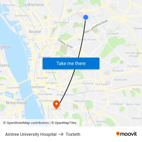 Aintree University Hospital to Toxteth map