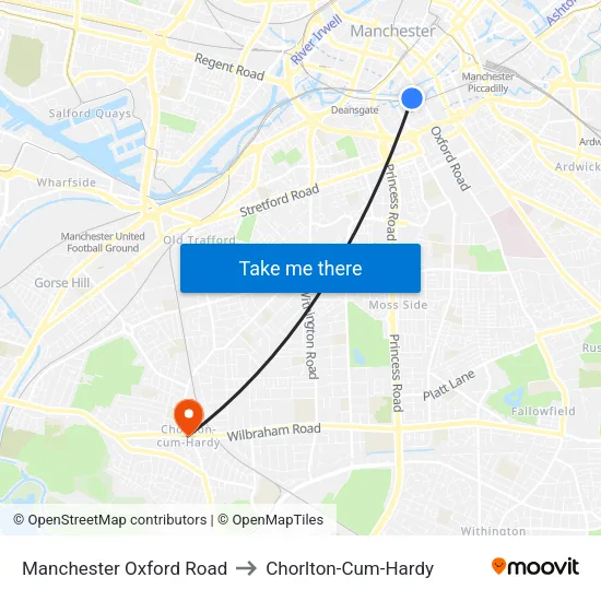 Manchester Oxford Road to Chorlton-Cum-Hardy map