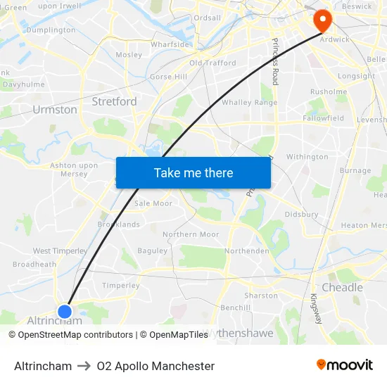 Altrincham to O2 Apollo Manchester map