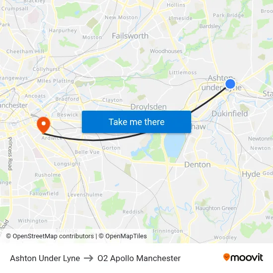 Ashton Under Lyne to O2 Apollo Manchester map