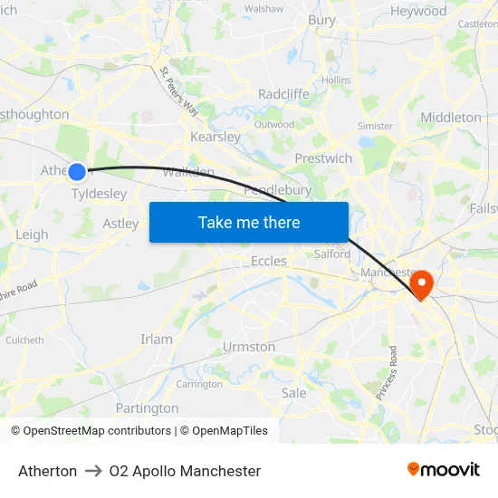 Atherton to O2 Apollo Manchester map