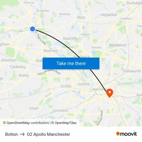 Bolton to O2 Apollo Manchester map