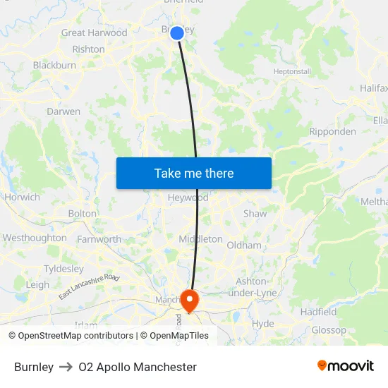 Burnley to O2 Apollo Manchester map