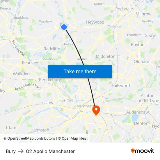 Bury to O2 Apollo Manchester map
