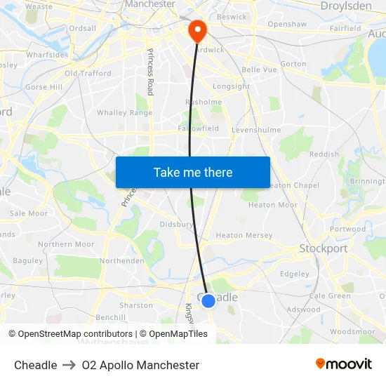 Cheadle to O2 Apollo Manchester map