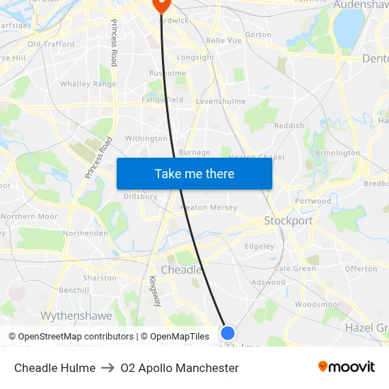 Cheadle Hulme to O2 Apollo Manchester map
