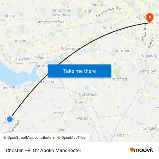 Chester to O2 Apollo Manchester map
