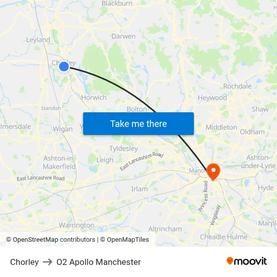 Chorley to O2 Apollo Manchester map