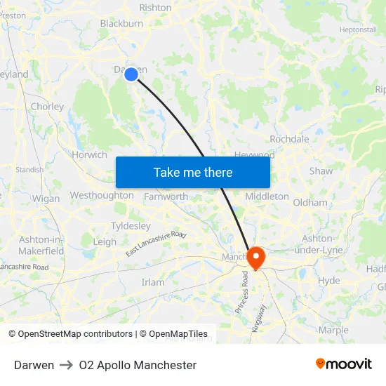 Darwen to O2 Apollo Manchester map