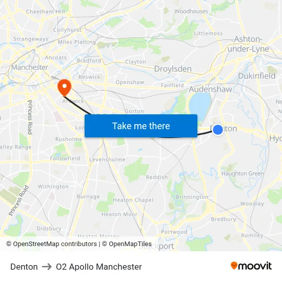 Denton to O2 Apollo Manchester map