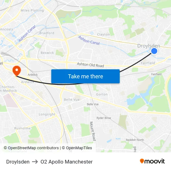 Droylsden to O2 Apollo Manchester map