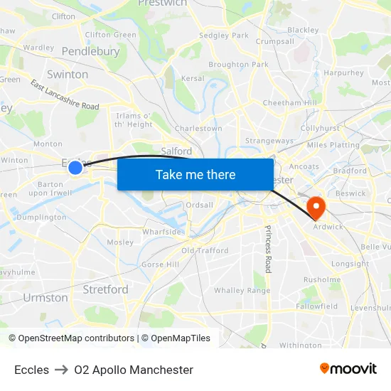 Eccles to O2 Apollo Manchester map
