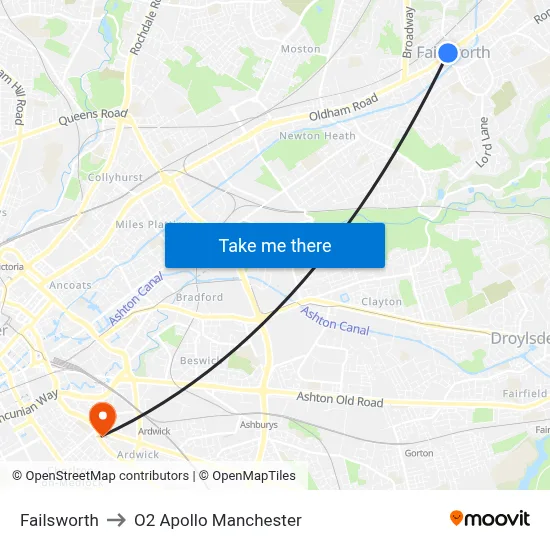Failsworth to O2 Apollo Manchester map