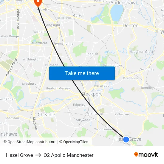 Hazel Grove to O2 Apollo Manchester map
