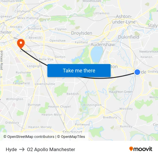 Hyde to O2 Apollo Manchester map