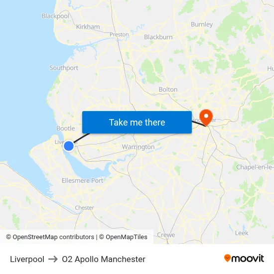 Liverpool to O2 Apollo Manchester map