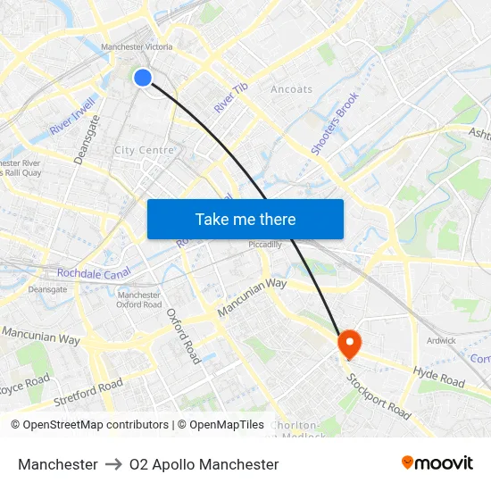 Manchester to O2 Apollo Manchester map