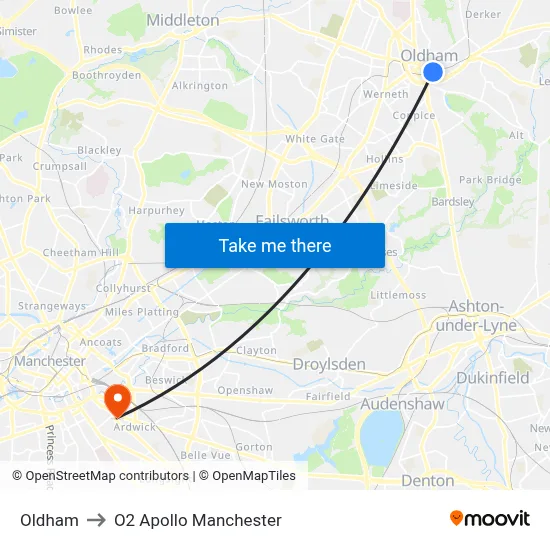 Oldham to O2 Apollo Manchester map